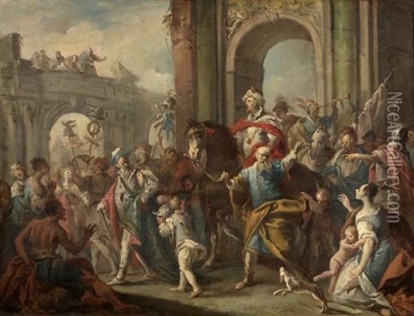 Le Festin De Balthazar Et Le Triomphe De Mardochee (2 Works) Oil Painting - NIcola Bertuzzi