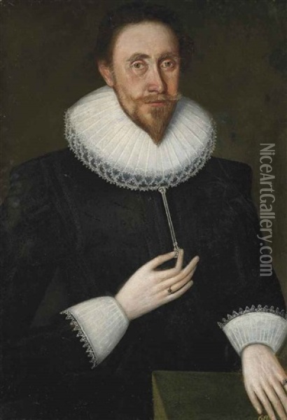 Portrait Of A Gentleman Wearing A Black Coat With A White Ruff And Cuffs, Holding A Book Oil Painting - John Decritz the Elder