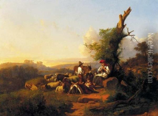 Resting Shepherd Family In Italian Lansdscape Oil Painting - Andras Markos