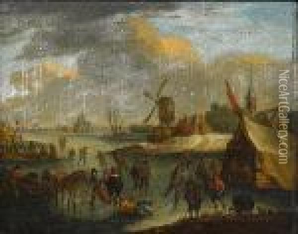 A Winter Landscape With Figures Skating On A Frozen River Oil Painting - Peeter Bout