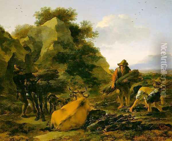 Landscape with Herdsmen Gathering Sticks 1650s Oil Painting - Nicolaes Berchem
