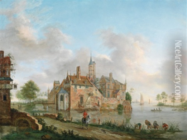 Seenlandschaft Mit Einem Wasserschloss, Einem Wirtshaus, Fischern Und Reitern Oil Painting - Hendrik Frans de Cort