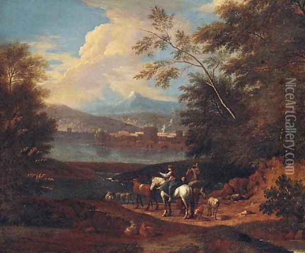 Drovers by a river, a town and mountains beyond Oil Painting - Giuseppe Zais
