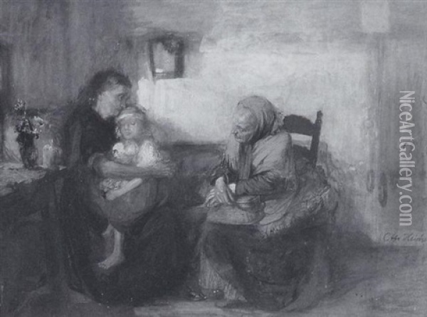Zwei Frauen Mit Kind In Der Stube Oil Painting - Otto Heichert
