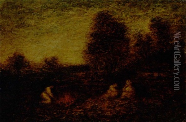 Three Figures, Campfire, And Tents Oil Painting - Ralph Albert Blakelock
