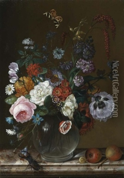 Stilleben Mit Blumen In Glasvasen, Fruchten Und Insekten Auf Einer Marmorplatte (pair) Oil Painting - Johann Matthias Wurzer