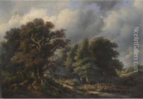 Deer In A Wooded Landscape Oil Painting - Jan Baptiste de Jonghe