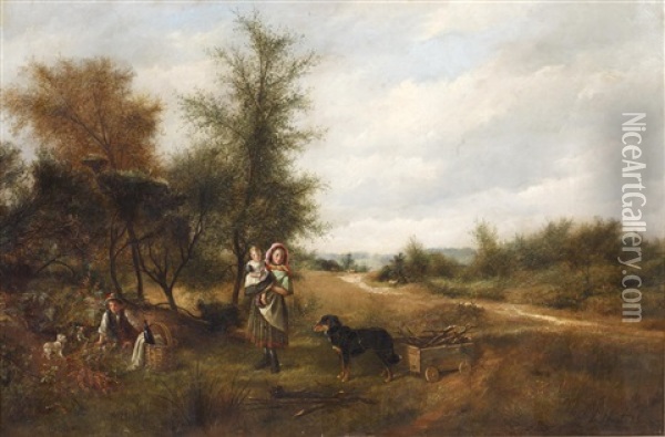 Children Picnicking In A Landscape Oil Painting - Charles Hunt