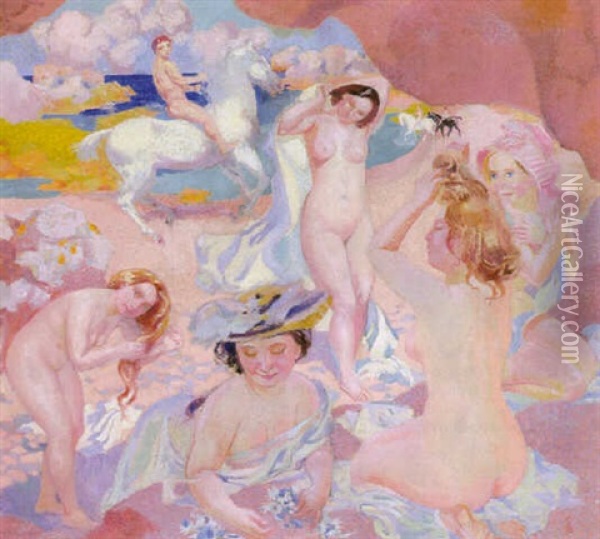 Baigneuses Sous Les Rochers Roses Oil Painting - Maurice Denis