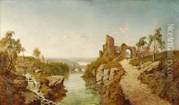 Aruined Castle Overlooking A River Valley Oil Painting - Edmund John Niemann, Snr.