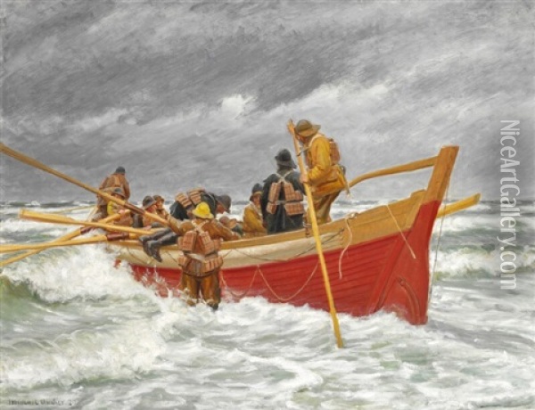 The Red Lifeboat Is Leaving Oil Painting - Michael Peter Ancher