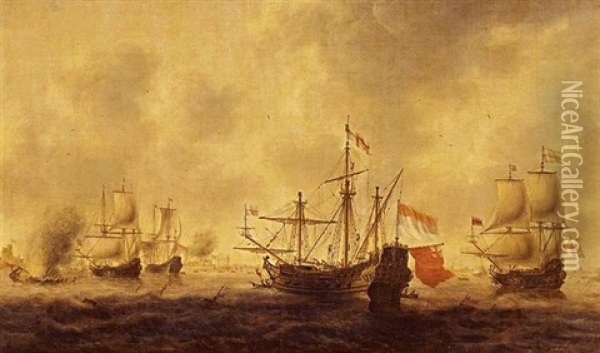 The Dutch Attack On The Medway Oil Painting - Jacob Adriaenz. Bellevois