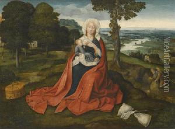 Virgin And Child Seated Before An Extensive Landscape Oil Painting - Joachim Patenir