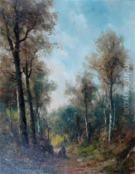 Wood Landscape With Figures On A Pathway Oil Painting - Charles Henry Tenre