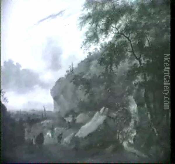 Raububerfall In Waldlandschaft Mit Einem Wasserfall Rechts  Hinter Baumen Oil Painting - Jan Dirksz. Both