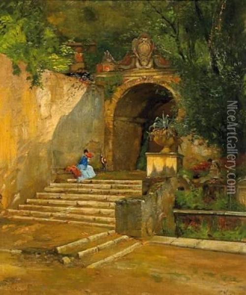 Lady In The Park Of The Villa D'este In Tivoli Oil Painting - Carl Wuttke