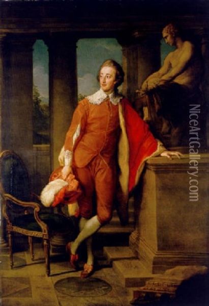 Portrait Of Anthony Ashley-cooper, 5th Earl Of Shaftesbury In Masquerade Van Dyck Dress, An Orange Coat And Breeches With A Red Fur-lined Cloak, Holding An Orange Hat With Red And White Oil Painting - Pompeo Girolamo Batoni
