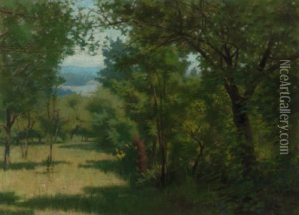 Forest Opening With Lake In The Distance Oil Painting - Joe Evans