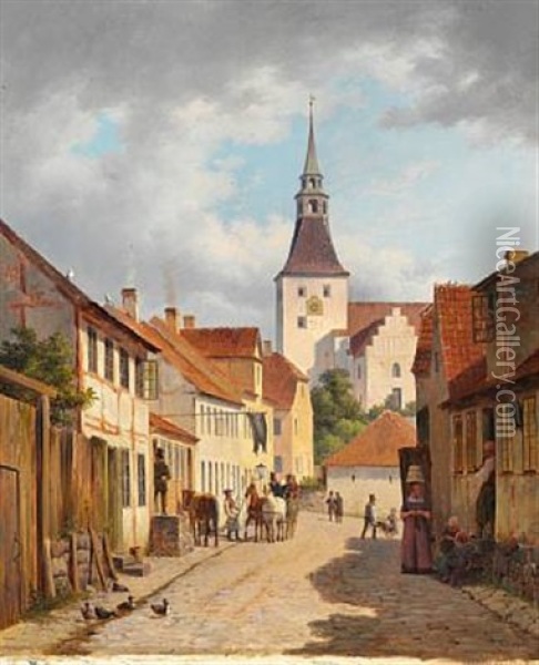 Kattesundet With The Church Of Our Lady In Svendborg Oil Painting - Andreas Thomas Juuel