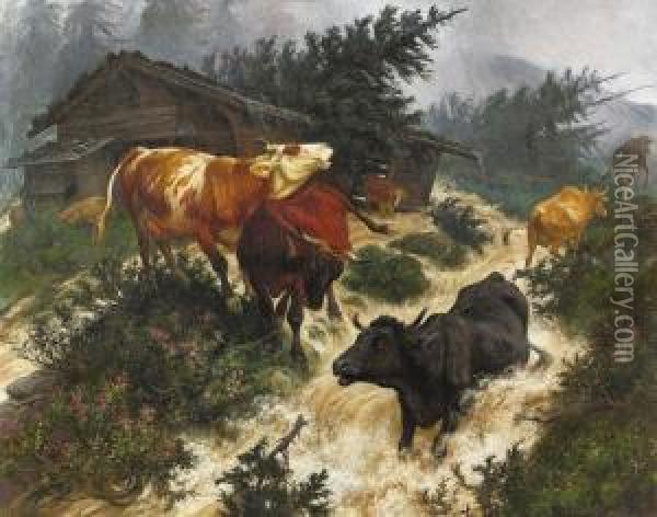 Kuhe Im Sturm. Oil Painting - Rudolf Koller