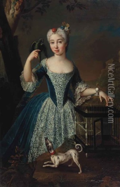 Portrait Of A Girl In A Blue Dress With Lace Trimming Resting Her Left Arm On A Bird Cage Holding A Parrott With A Dog In The Foreground Oil Painting - Nicolas de Largilliere