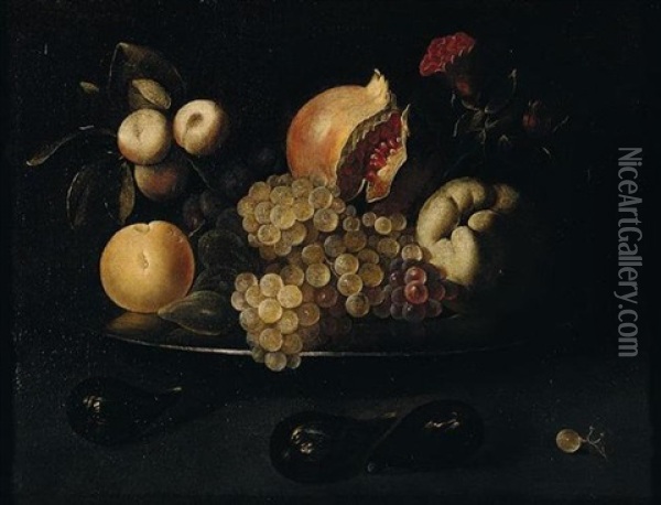 Still Life Of Grapes, Pomegranates, Apples, Peaches, Plums And Figs On A Silver Dish, Together With Figs And A White Grape Arranged Upon A Table Top Oil Painting - Juan de Zurbaran