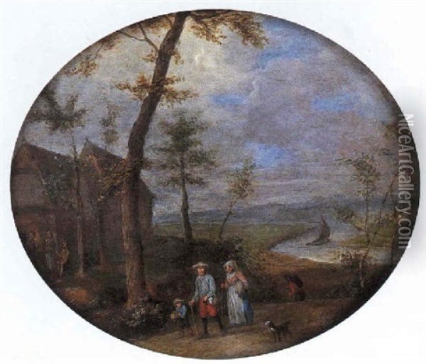 Famille De Paysans Sur Un Chemin Pres D'une Riviere Oil Painting - Joseph van Bredael