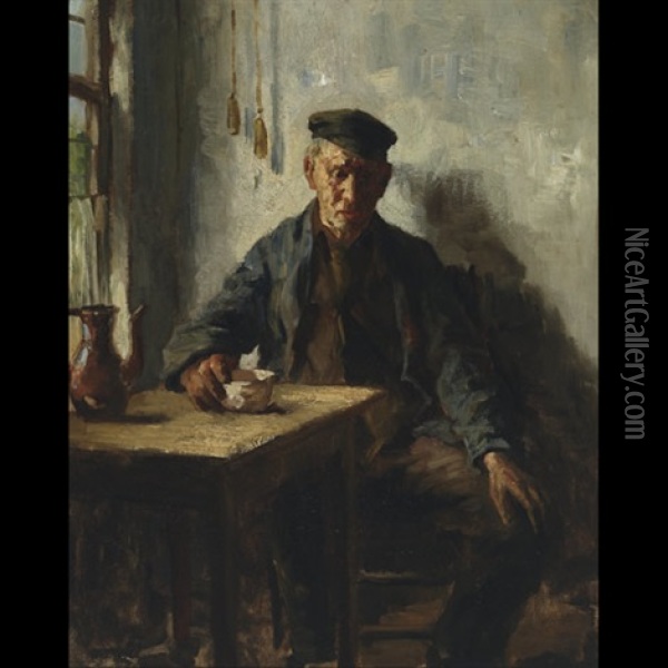 A Mid Day Prayer (+ Old Peasant Resting In A Kitchen; 2 Works) Oil Painting - Bernard de Hoog