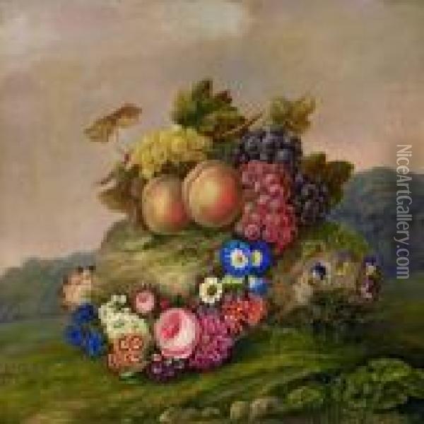 Still Life With Fruitsand Flowers In Landscape Oil Painting - I.L. Jensen