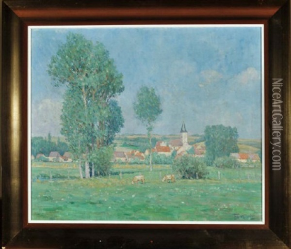 A French Provincial Landscape With A Village And Its Church In The Middle Distance Oil Painting - Fernand Antonin Mercie