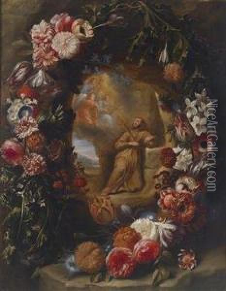 A Floral Garland Surrounding The Vision Ofthe Stigmatized Saint Francis Oil Painting - Jan Philip van Thielen