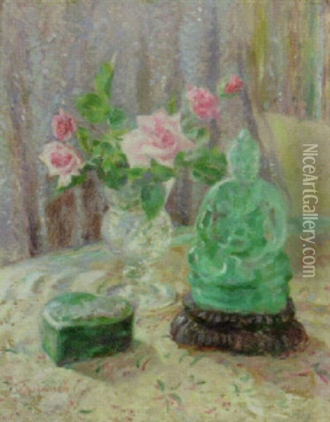 Still Life With Roses And Jade Sculpture Oil Painting - James Bolivar Manson