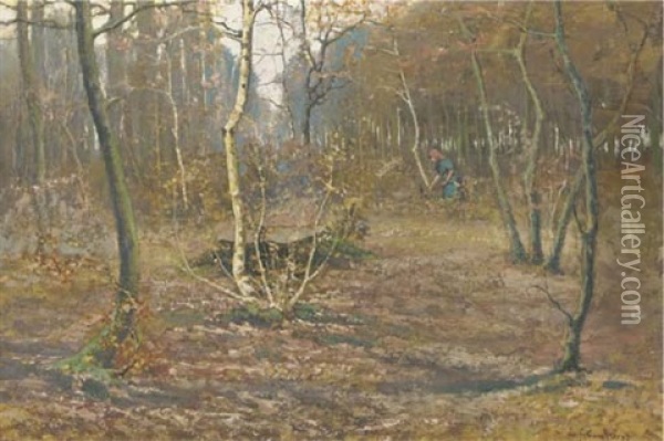 Gathering Wood In A Forest In Autumn Oil Painting - Louis Gustave Cambier