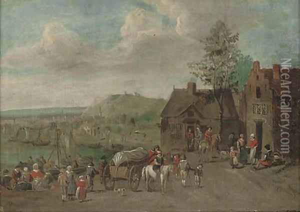 A river landscape with travellers by an inn Oil Painting - Theobald Michau