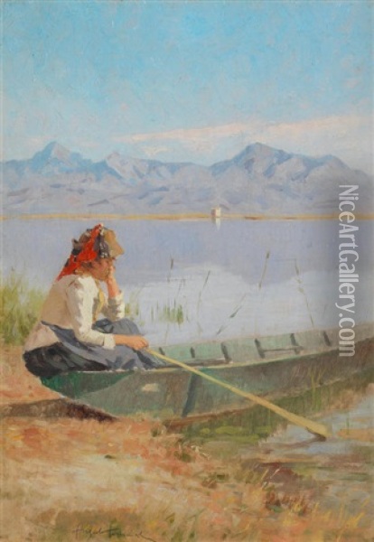 Beside The Lake Oil Painting - Angiolo Tommasi