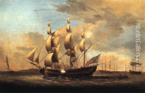 A British Man Of War In Choppy Seas Oil Painting - William Joy