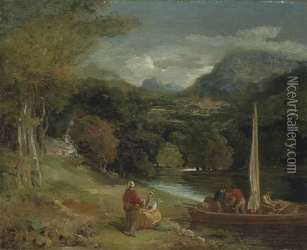 A Wooded River Landscape With Figures Unloading Barrels From A Small Ferry Boat, A Cottage And Mountains Beyond Oil Painting - Francis Wheatley
