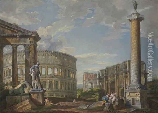 A Capriccio Of Classical Ruins With The Pronaos Of The Porticus Octaviae, The Colosseum, The Arch Of Drusus, The Arch Of Constantine... Oil Painting - Giovanni Paolo Panini
