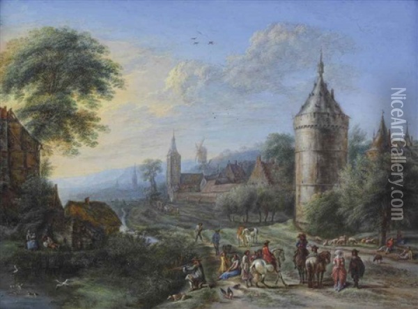 A Village Scene With Cavaliers And Elegant Figures Conversing In The Foreground, A Hunter Shooting Ducks On A Pond To The Left Oil Painting - Gillis Neyts