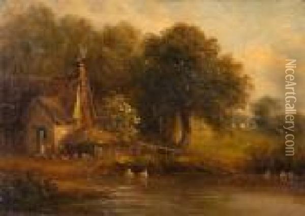 Ducks On A Pond By A Woodland Cottage Oil Painting - John Moore Of Ipswich