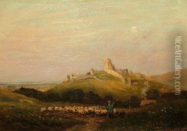 Shepherd And His Flock With Corfe Castle Beyond Oil Painting - Vivian Rolt