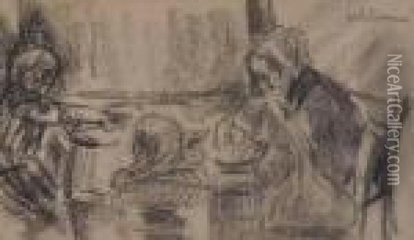 Pencil Sketch, 
Figures At A Table Oil Painting - Max Liebermann