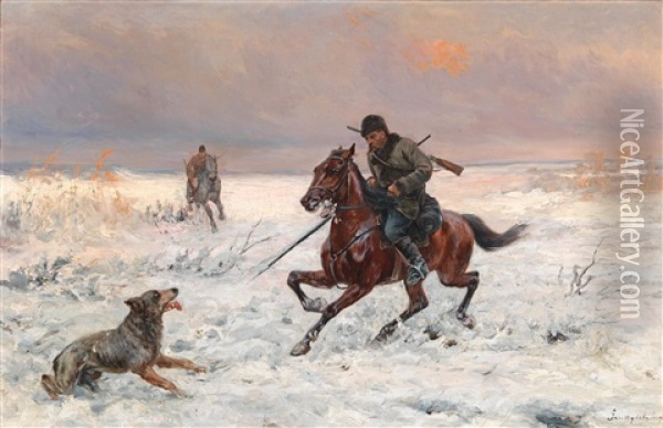 Winter Hunt Oil Painting - Jozef Jaroszynski