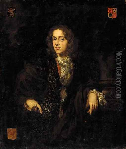 Portrait of Johannes Bouwens (1663-1720), half-length, in a brown jacket and an embroidered waistcoat, his left arm resting on the base of a column Oil Painting - Nicolaes Maes