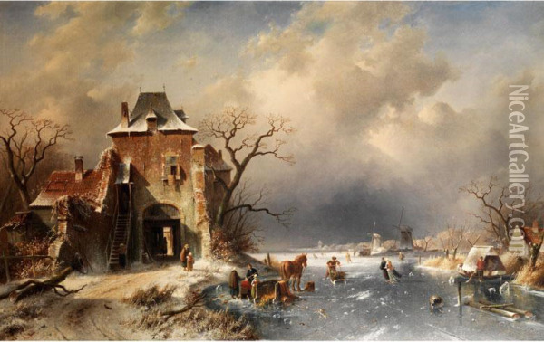 Hollandische Winterlandschaft Mit Schlittschuhlaufern Auf Dem Eis Oil Painting - Charles Henri Leickert
