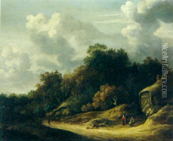 A Wooded Landscape With Peasants On A Sandy Track, A Village Church Beyond Oil Painting - Gillis Rombouts