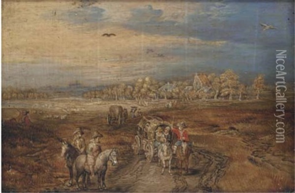 A Broad Landscape With Travellers And Wagons On A Path Oil Painting - Jan Brueghel the Elder