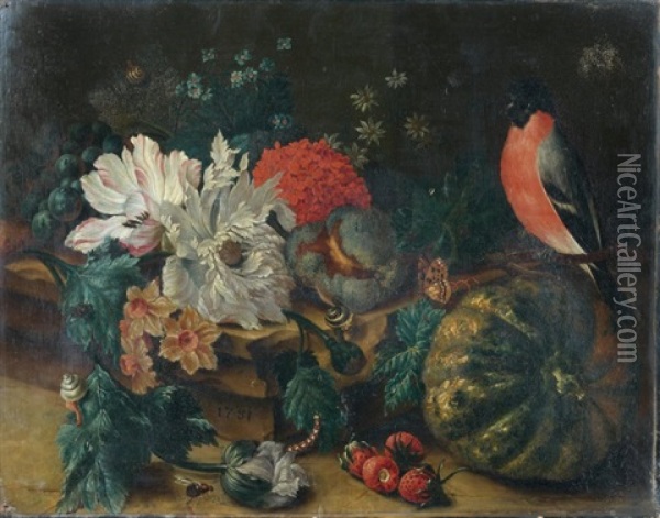 Nature Morte Aux Fleurs, Oiseau Et Potiron Oil Painting - Jean Louis Prevost
