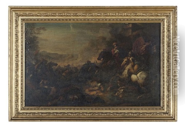 A Cavalry Skirmish; An Officer And Troops Leaving A Grotto (2 Works) Oil Painting - Jacques Courtois