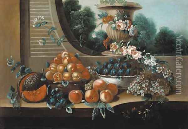 A basket of peaches, with a bowl of plums Oil Painting - Italian School